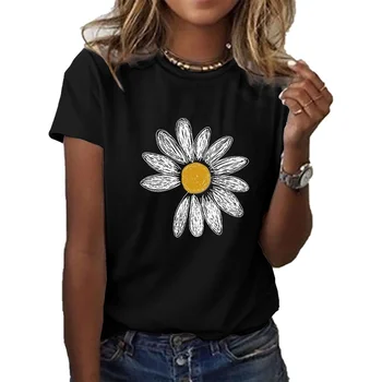 Летняя футболка бренда BIANYILONG, женская футболка с цветочным рисунком и ромашками, спортивный топ с круглым вырезом и короткими рукавами