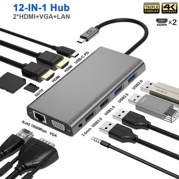 Концентратор USB C с Тройным Дисплеем, Адаптер для двух мониторов, Концентратор для ноутбука USB C на 2 HDMI 4K + VGA + Ethernet + 100 Вт PD + 4USB + Аудио для MacBook Pro OTG