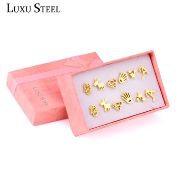Наборы сережек LUXUSTEEL, 6 пар, Золотого цвета, в форме буквы/звезды/руки/животных, наборы сережек-гвоздиков для женщин/Девочек оптом, женские