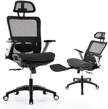 Сетчатый Офисный стул с Подставкой для ног, Высокой Спинкой, Компьютерный Офисный стул с подголовником и 4D Откидывающимися подлокотниками, Регулируемый Наклон