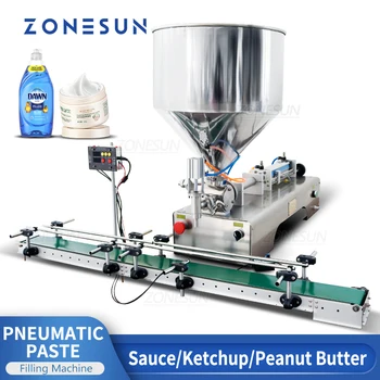 ZONESUN ZS-GTPC1 Машина для наполнения пасты Пневматической вязкой жидкостью, Соусом Чили, Гелем, Арахисовым маслом с конвейерной упаковкой