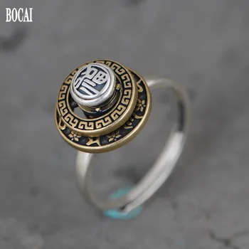 BOCAI Новое настоящее женское кольцо из чистого серебра S925 в стиле ретро, модное вращающееся кольцо с мантрой из шести символов, женское кольцо благословения