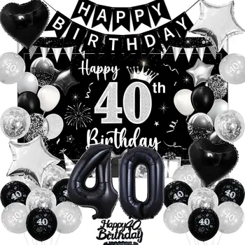 украшения на 40-й день рождения, черный, серебристый Цвет, Фон с 40-м днем рождения, Воздушные шары, товары на День рождения 40-летней давности для мужчин и женщин
