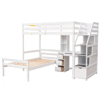 Кровать-чердак с отдельной кроватью, Лестница для хранения, Письменный стол, полки и ящики, Мебель для спальни Белые основания и каркасы кроватей
