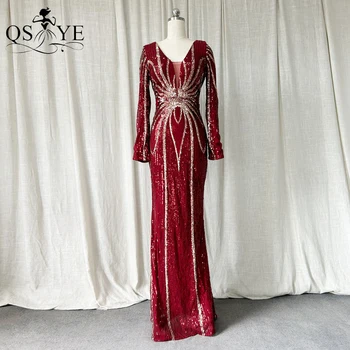 Длинные рукава, Темно-красные Вечерние платья, V-образный вырез, Блестящее, увядающее, красочное платье для выпускного вечера в стиле Русалки с блестками, уникальный узор, женское вечернее платье