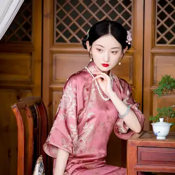 2023 новое китайское стильное традиционное платье с большим рукавом hanfu с цветочным рисунком, винтажное платье чонсам, элегантное женское вечернее розовое платье ципао с разрезом