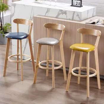 Барный стул из массива дерева с простой спинкой, барный стул Nordic home creative, барный стул в американском ретро стиле, деревянный высокий табурет