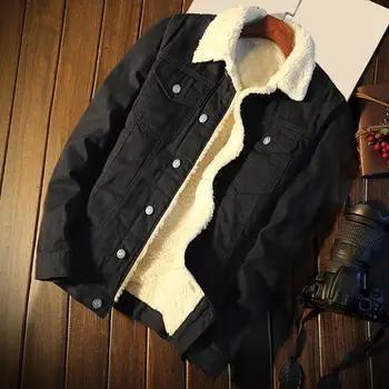 Мужская Джинсовая куртка с Отложным воротником, Однобортное Однотонное зимнее джинсовое пальто с длинным рукавом, Плюшевая подкладка, Утепленное Джинсовое пальто
