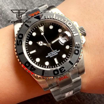 Черный циферблат 24 драгоценных камня NH35A 40 мм Автоматические мужские часы браслет Вращающийся безель Циклоп Сапфировое стекло Автоматическая дата