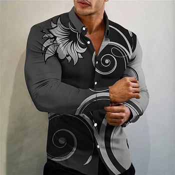 Мужская рубашка, повседневная модная блузка с длинными рукавами и принтом, рубашки на пуговицах, топы