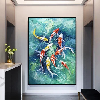 Ручная роспись красочной рыбы Кои Картина на холсте, Гостиная Спальня Вертикальная Стена Искусство домашнего Декора
