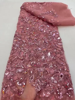 Элегантная Розовая Кружевная Ткань Sequence в Африканском Стиле, 5 Ярдов, Высококачественная Кружевная Ткань С Блестками, Французский Тюль, Нигерийский Свадебный Кружевной Материал Asoebi