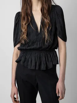 2023 Летняя Женская плиссированная блузка с эластичной талией, Короткий рукав, V-образный вырез, Темпераментная женская рубашка