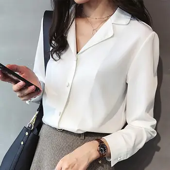 Весенне-осенняя шифоновая рубашка женская с длинным рукавом и зубчатым воротником, повседневная базовая рубашка, блузка, топы, летняя женская рабочая рубашка большого размера