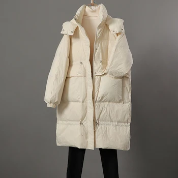Осенне-зимние женские пуховики, Длинные толстые теплые повседневные пальто, белая модная парка с капюшоном 2022