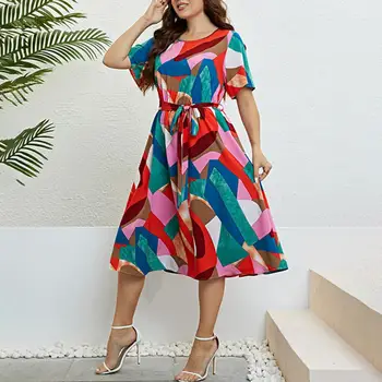Платье трапециевидной формы с круглым вырезом, яркое Цветное Платье Миди с короткими рукавами и поясом Для женщин, обтягивающее для свиданий