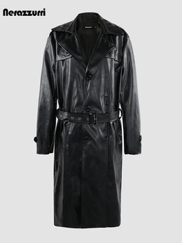 Нерадзурри/ Демисезонный длинный черный непромокаемый тренч из искусственной кожи для женщин, Однобортная роскошная одежда Унисекс 2023 г.