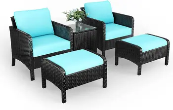 5 Предметов мебели для патио, набор стульев для беседы на открытом воздухе со скамеечкой для ног и приставным столиком для газона, сада, балкона, двора