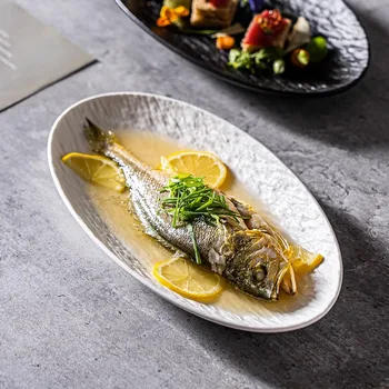 Керамическая рыбная тарелка, приготовленная на пару Рыбная тарелка, Бытовая высококачественная рыбная тарелка с рисунком в виде камней, Креативная большая тарелка, посуда в скандинавском стиле