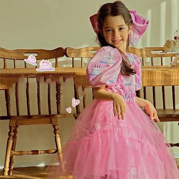 Весенне-летнее Детское платье для девочек, Винтажное Платье Принцессы, Свободное Платье с рисунком из мультфильма, Дизайнерский дизайн, платье с коротким рукавом + комплект из сетчатой юбки