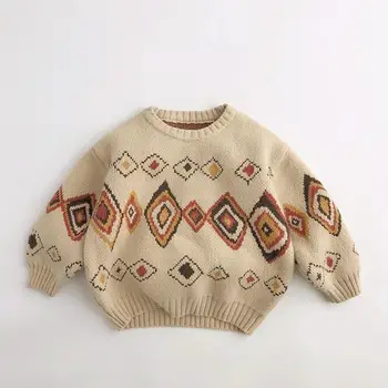 Зимний Новый Детский вязаный свитер с длинными рукавами, свитер с винтажным принтом Для мальчиков и девочек, Свободный пуловер, Детские вязаные топы, Детская одежда