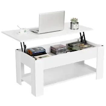 Современный деревянный журнальный столик с поднимающейся столешницей и полкой для хранения, белая отделка