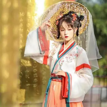 Китайское традиционное платье древней династии Вэйцзинь, Женское длинное платье с перекрещенным воротником и цветочным принтом Hanfu, танцевальный костюм Hanfu