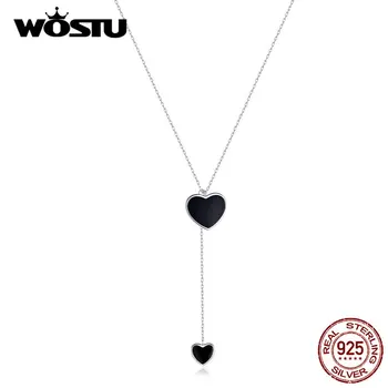 Ожерелье с Подвешенным сердцем WOSTU, Серебро 925 пробы, Черная эмаль, Длинное Ожерелье с двойным сердцем на цепочке Для женщин, Свадебные украшения CTN095
