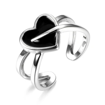Кинельский минимализм, кольца с сердечками из 100% стерлингового серебра 925 пробы для женщин, Регулируемый Размер, Кольцо с черной эмалью на палец, Обручальное кольцо, ювелирные изделия
