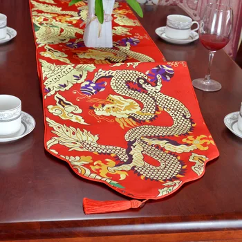 Настольная дорожка с Рисунком китайского Золотого Дракона, Скатерть с Вышивкой, Настольный флаг с кисточками для домашнего Отеля, декор для свадебной вечеринки