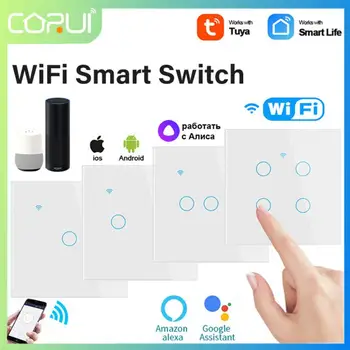 CORUI Tuya WiFi EU Умный Сенсорный Выключатель 1/2/3/4Gang Голосовой Пульт Дистанционного Управления Настенная Кнопка Нейтральный Провод Smart Life Alexa Google Home