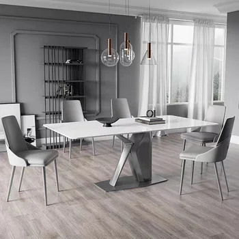 Простой обеденный стол из белого глянцевого сланца, высококачественная дизайнерская бытовая мебель
