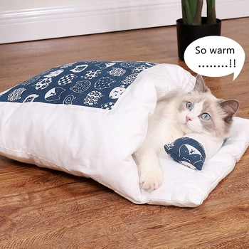 Японская кровать для кошки Зимний Съемный Теплый Спальный мешок для кошки, Кровать для собаки с глубоким сном, Домик для Кошек, подушка-гнездо с подушкой