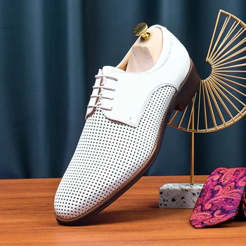Большой Размер 11 12 Бизнесмен Повседневная Мягкая Кожаная Летняя Дышащая Официальная модельная Обувь Британский Жених Белые Оксфорды