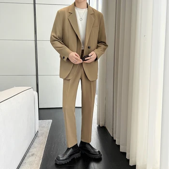 Мужской костюм цвета Хаки, черный костюм, модный мужской костюм в корейском стиле, Свободный повседневный блейзер / брюки, комплект из двух предметов, Мужской офисный деловой костюм